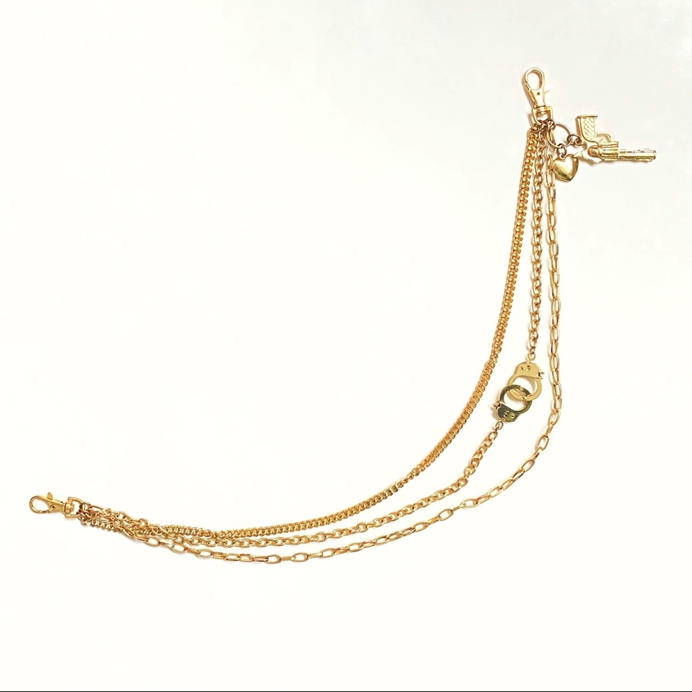 Gold gun handcuffs metal triple hanging straps chain clip belt keys pants wallet